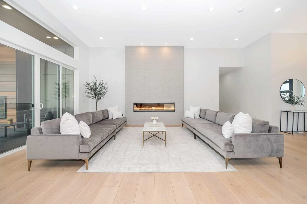 gray interior living room with fireplace