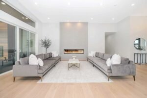 gray interior living room with fireplace