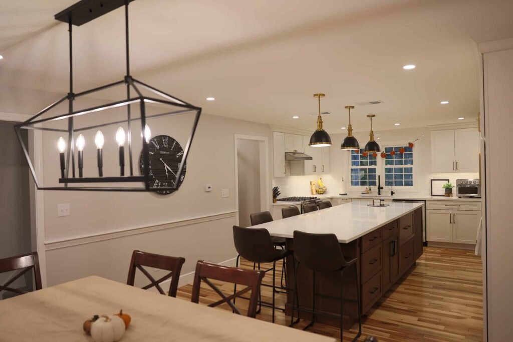 modern kitchen with island and granite countertops