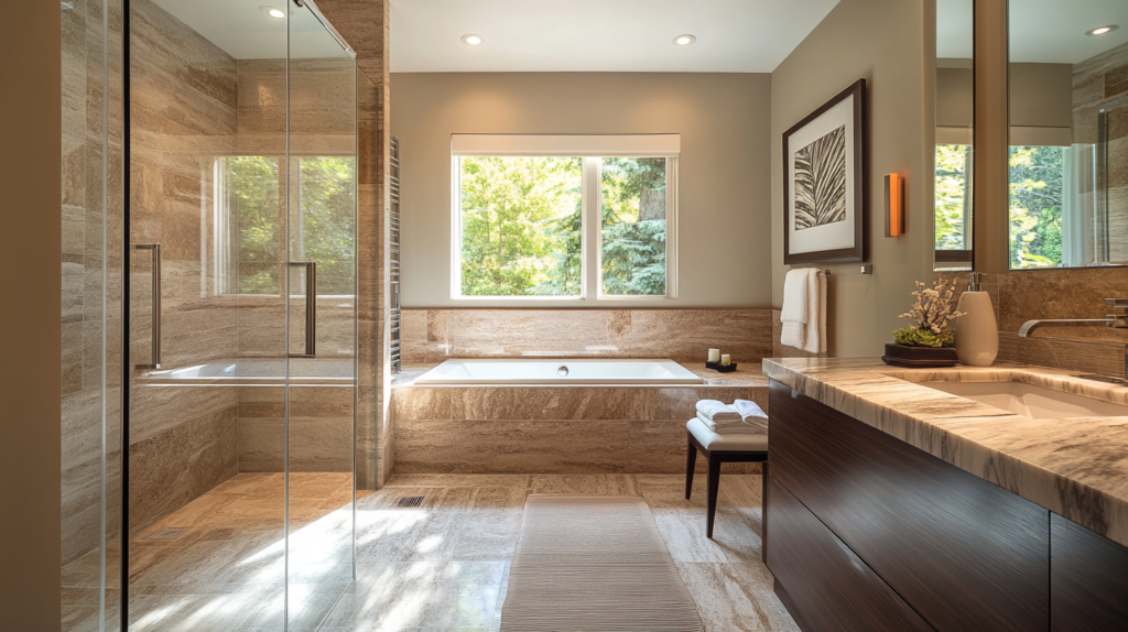 modern tiled bathroom with shower and jacuzzi tub